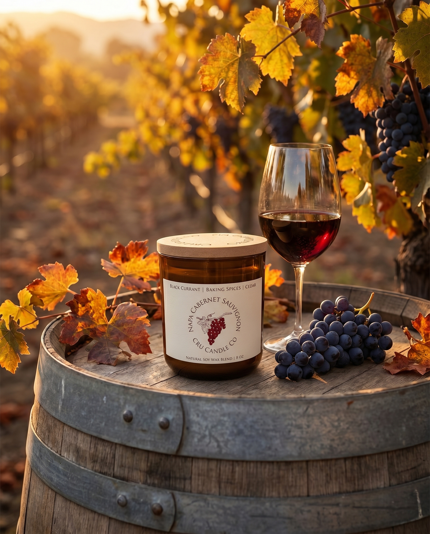 Napa Cabernet Sauvignon candle styled in an autumn vineyard with red wine