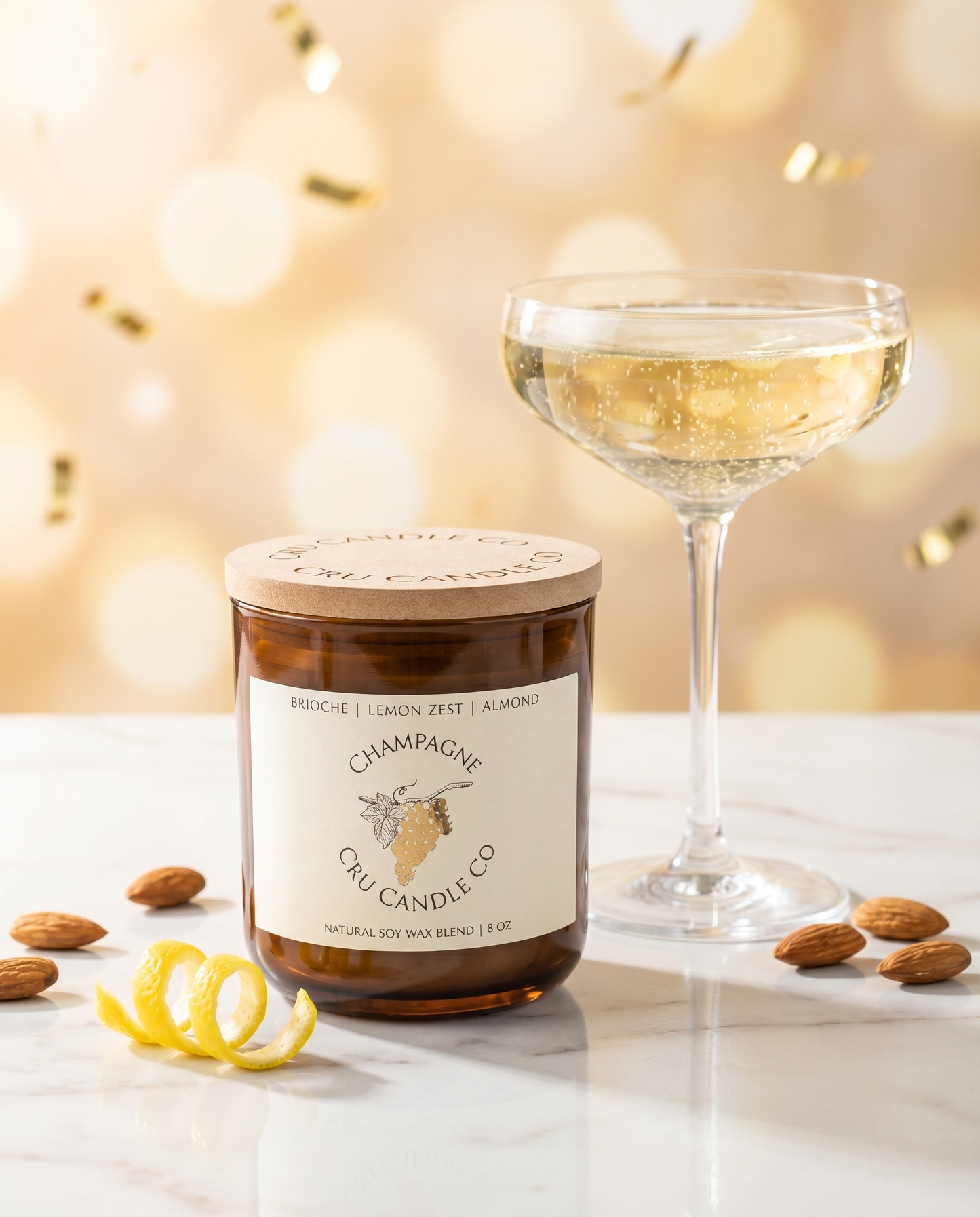 Champagne candle styled with a coupe glass and golden bokeh