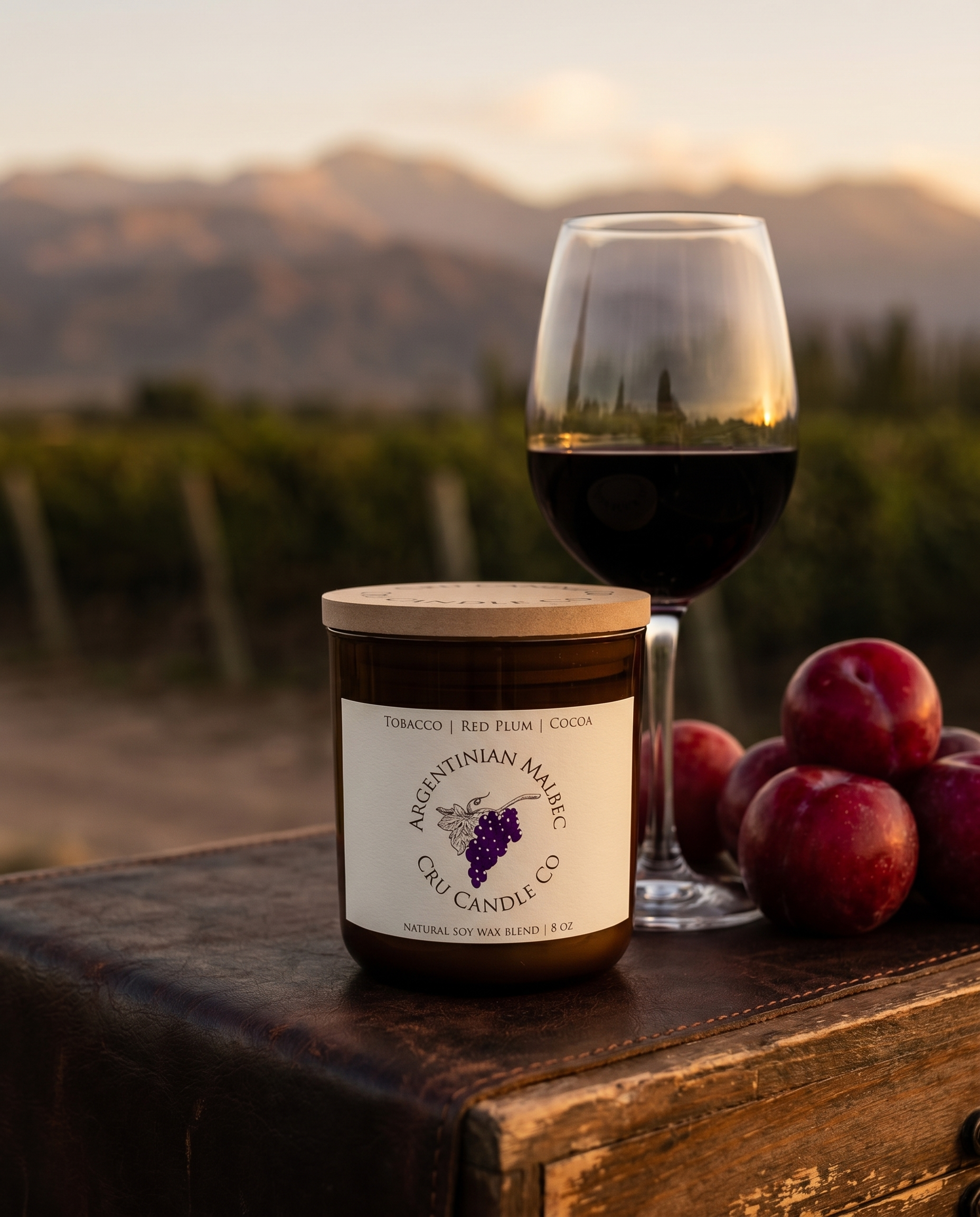 Argentinian Malbec candle styled with Andes vineyard backdrop and red wine